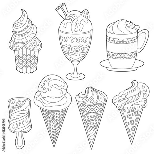 Different sorts of ice cream. Monochrome deserts isolated on white background. Coloring book style for children and adults