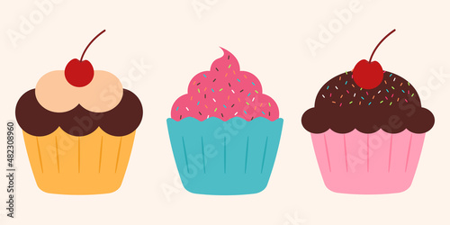Cute cupcake clipart with a cartoon animated cherry vector illustration design for sticker and icon