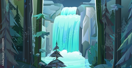 Light landscape with waterfall among rocks. Nighttime dark time. Among coniferous pines. Cascade shimmers downward. Water flowing. Nice cartoon style. Flat design. Vector