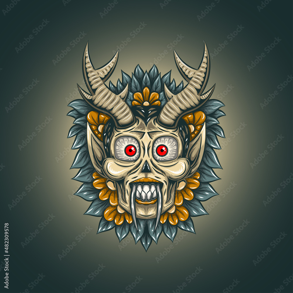Skull head with horn, flower, and leaves Skull head with horn, flower, and leaves