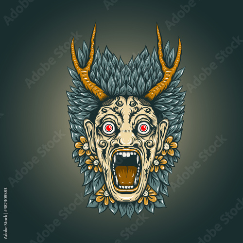Angry dracula head with horn, flower, and leaves