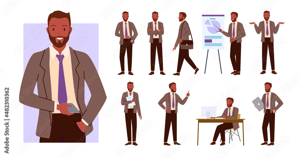 Businessman poses set vector illustration. Cartoon office worker character showing business presentation on lecture, man employee with beard holding phone and laptop, walking isolated on white