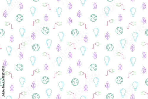Ecologic environment energy symbols seamless pattern. Repetitive vector illustration of outline green energy symbols and shapes on transparent background. 