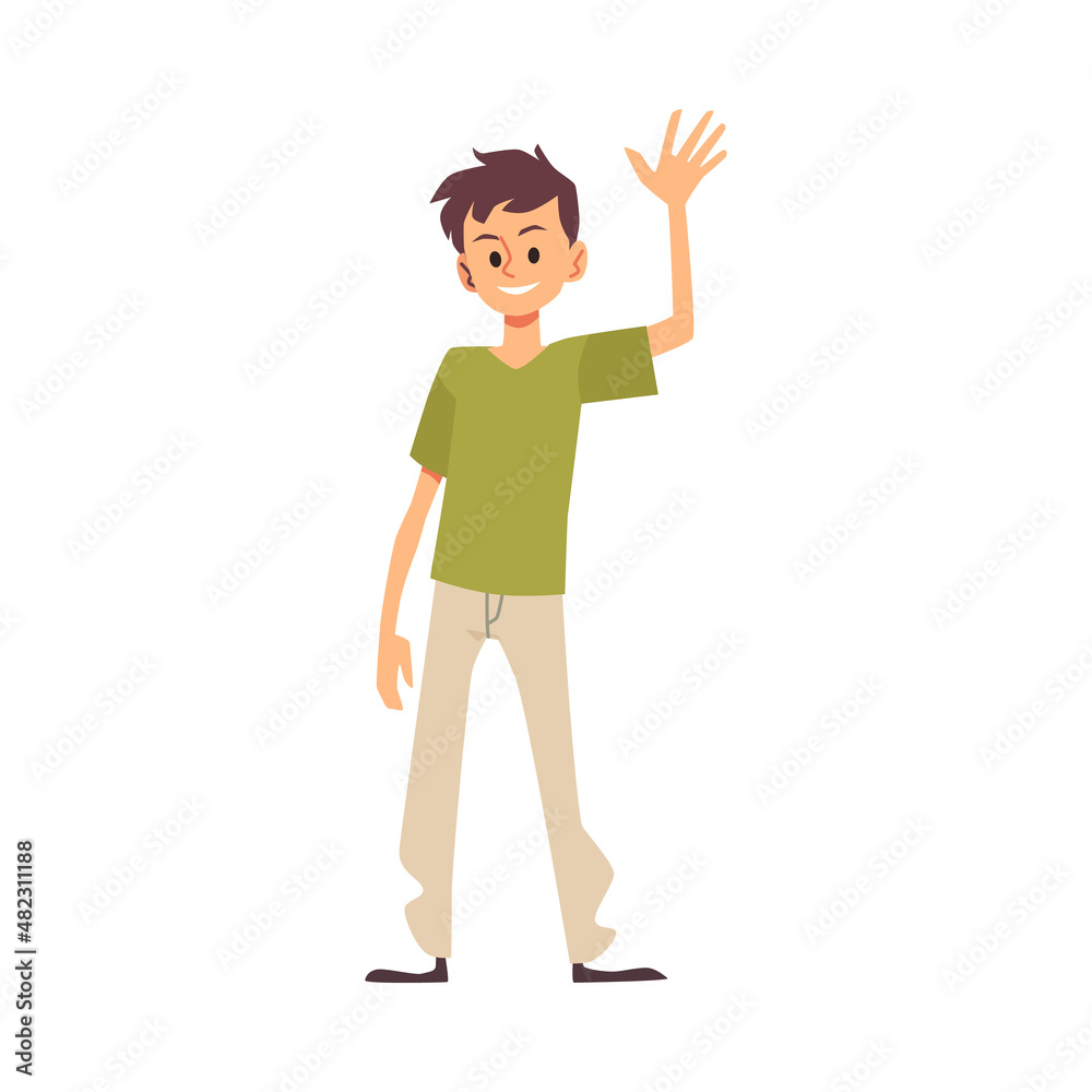 Teen boy waving hand welcoming family or friends in flat vector illustration