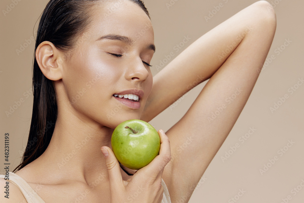 beautiful woman happy smile green apple health close-up Lifestyle beautiful woman happy smile green apple health close-up Lifestyle