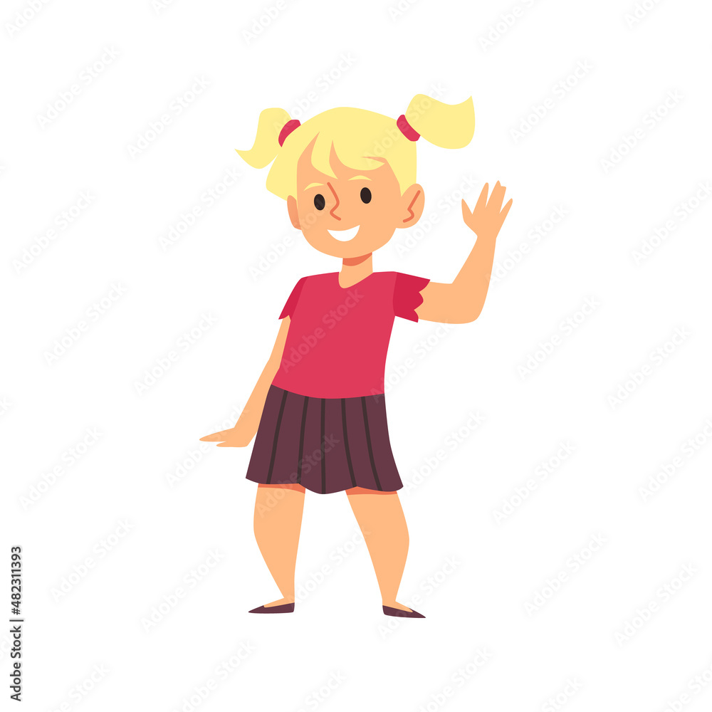 Little blonde girls with pigtails waving hello, kindergarten childcare character design. White girl wave bye and smile. Little blonde girls with pigtails waving hello, kindergarten childcare character design. White girl wave bye and smile.