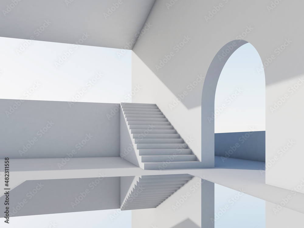 Abstract white interior background with arch and pool, 3d