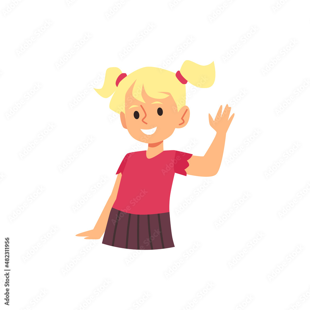 Girl with pigtails wave hello, childcare cartoon character. Little kid waving bye hand gesture, vector illustration. Girl with pigtails wave hello, childcare cartoon character. Little kid waving bye hand gesture, vector illustration.