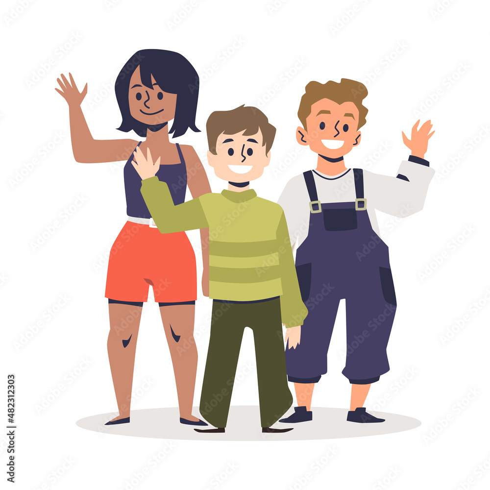 Three children waving hand, cartoon vector illustration. Teens and big kids wave hello or bye, summer camp character.