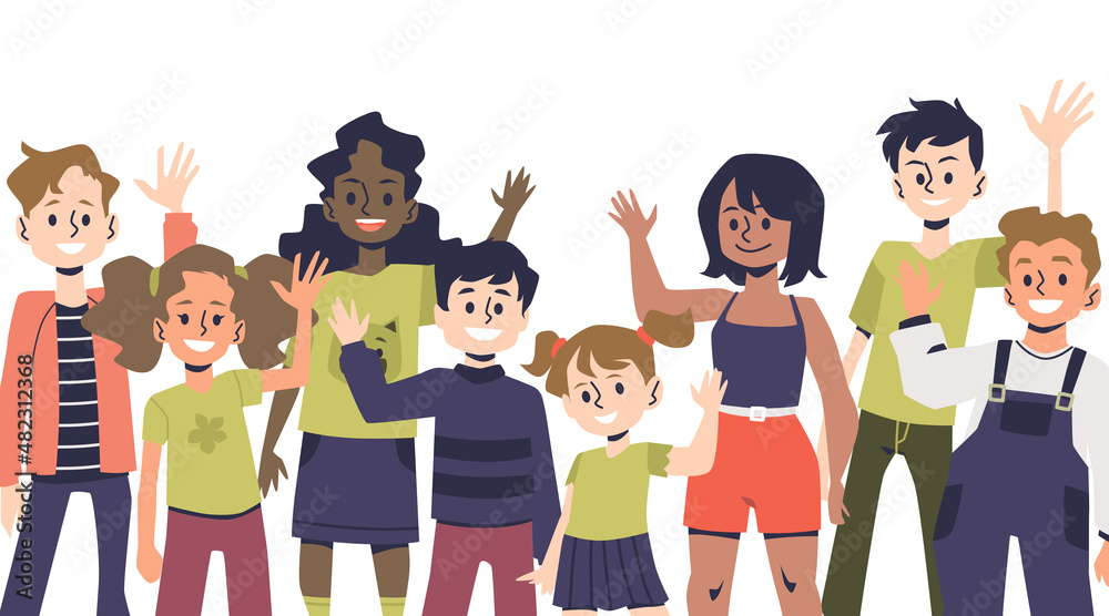 Diverse kids wave hello or bye. Happy children or school students waving  hand, cartoon clipart. Childcare group of kids. Stock Vector | Adobe Stock