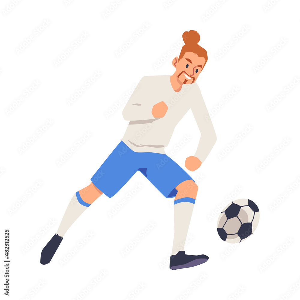 Soccer or football player kicking ball, flat vector illustration isolated.