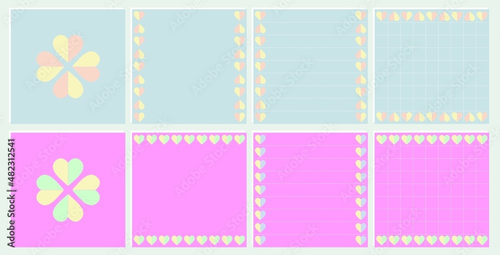 set of printed pages for notepad, note paper, reminder, planner, tag. cute Template for children's notebooks. pink and blue pages decorated with hearts.