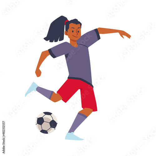 Black girl soccer player avatar. Hispanic woman with ponytail hair playing football, kick the ball. Vector Illustration.