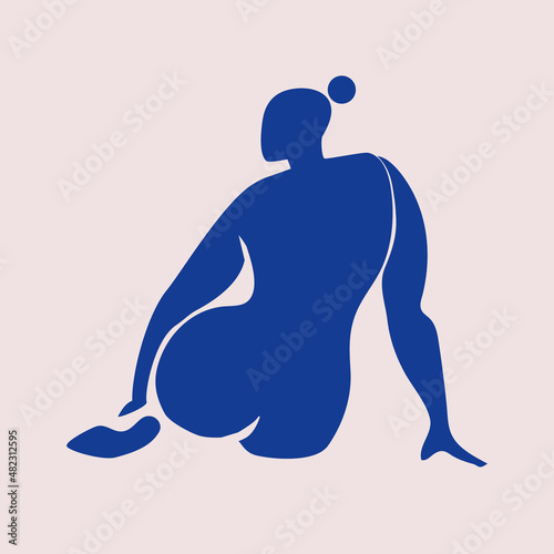 Inspired by Henri Matisse abstract woman blue silhouette. The female body is cut out. Flat vector illustration in collage technique isolated.