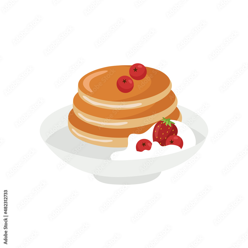 Pancakes on a plate freshly baked with cherries, strawberries and cream. Vector illustration of a delicious breakfast in cartoon style. Pancakes on a plate freshly baked with cherries, strawberries and cream. Vector illustration of a delicious breakfast in cartoon style.