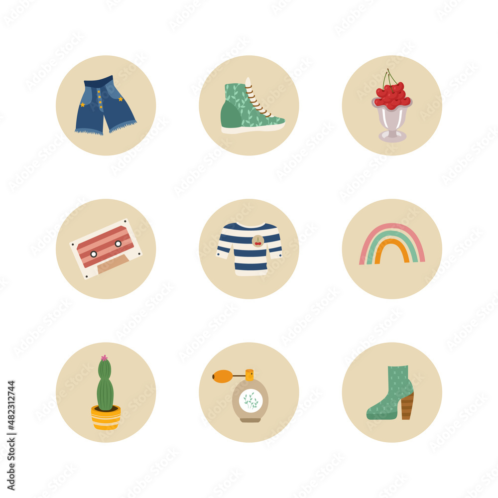Highlights for social media stories from retro elements of the 60-70s. Vintage design with shorts, sneakers, berries in a cream bowl, cassette, rainbow, cactus, boots. Vector illustration.