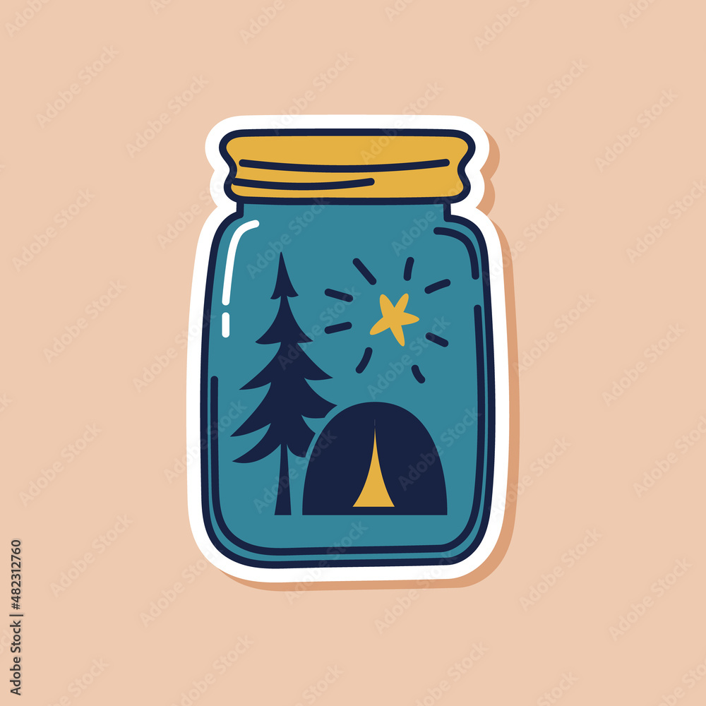 Drawn sticker of a doodle jar with a camping tent inside. Isolated sticker of silhouette camping travel in the bank. Wildlife illustration vector. Drawn sticker of a doodle jar with a camping tent inside. Isolated sticker of silhouette camping travel in the bank. Wildlife illustration vector.