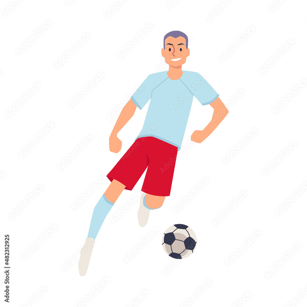 Adult man soccer player run with ball ready to shoot, cartoon vector avatar. Man kick the ball, front view.