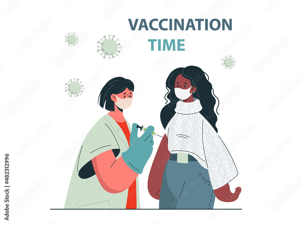 Doctor makes an injection of flu vaccine to woman.
The vaccine against the COVID-19 virus. 
Young people vaccination concept.
 Healthcare, coronavirus. Flat vector illustration