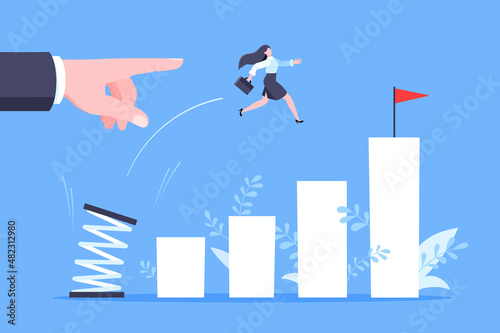 Business mentor helps to improve career with springboard vector illustration. Business person jumps above career ladder graph. Success growth, motivation opportunity, boost career concept.