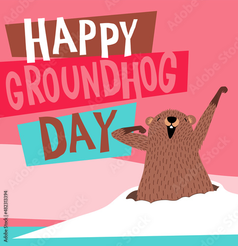 Happy Groundhog Day vector illustration with cute groundhog waking up and coming out of his burrow.