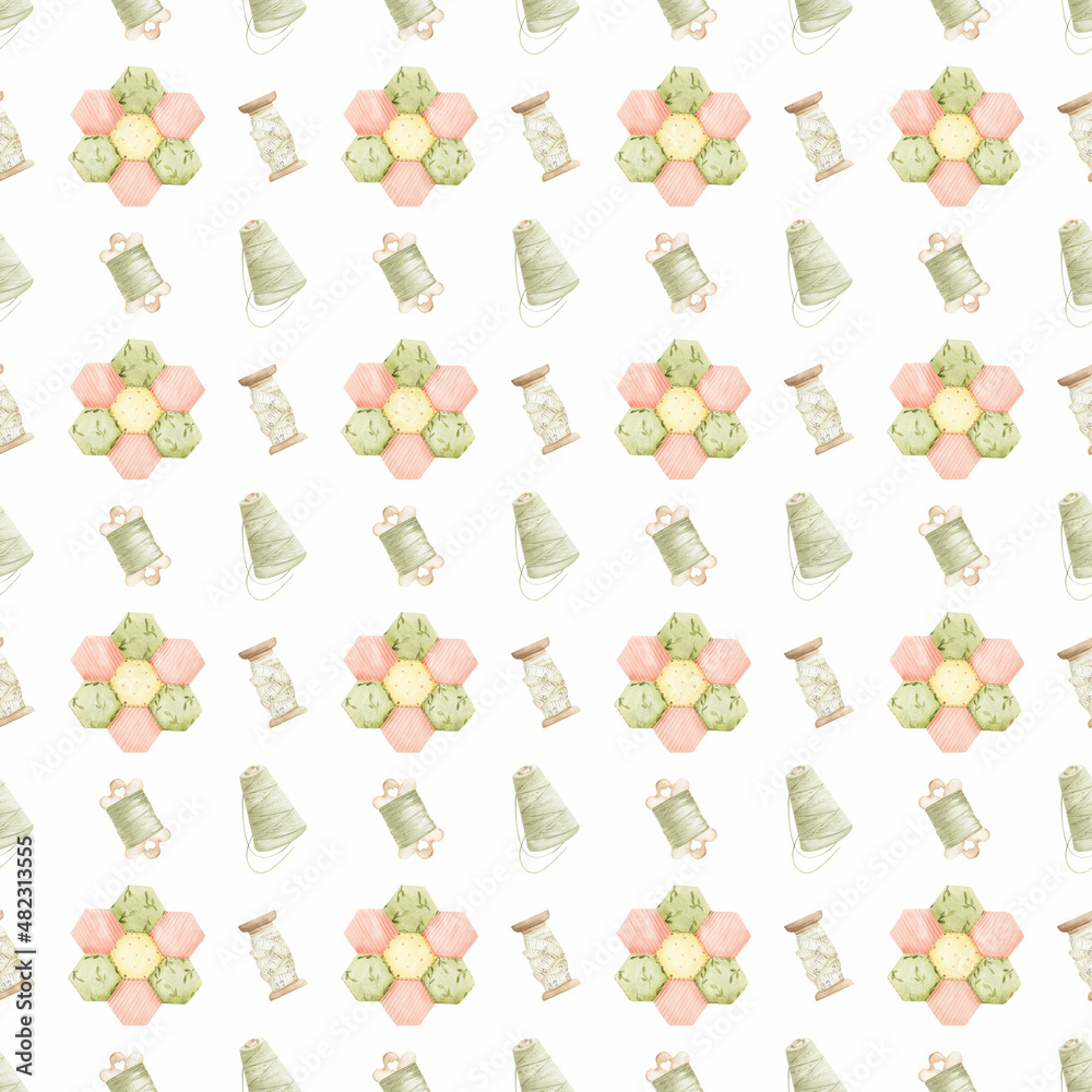 Watercolor seamless pattern with patchwork elements. Great for print, web, textile design, gifts, scrapbooking.