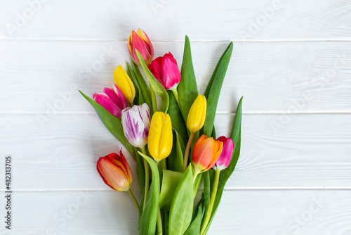 Colorful tulips flower composition over white wooden table background with copy space. Love, Mother's day, Women's day and spring time flower background. Spring nature background.