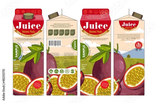 Passion fruit fresh exotic juice pack branding design template. Tropical drink for healthy dieting