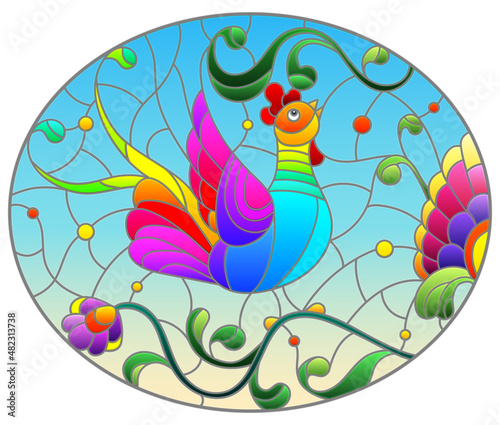 Stained glass illustration with a bright abstract bird on a background of leaves  flowers and blue sky  oval image