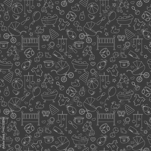 Seamless pattern on the theme of childhood and newborn babies, baby accessories and toys, simple contour icons, light contour on dark background
