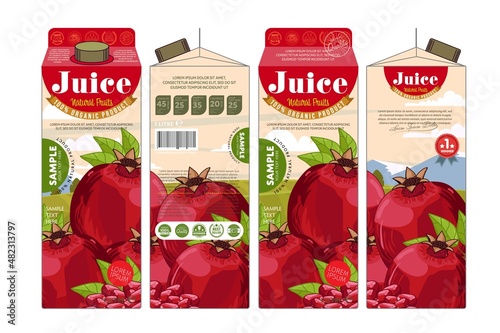 Pomegranate juice cardboard package box mockup design. Product branding for advertisement