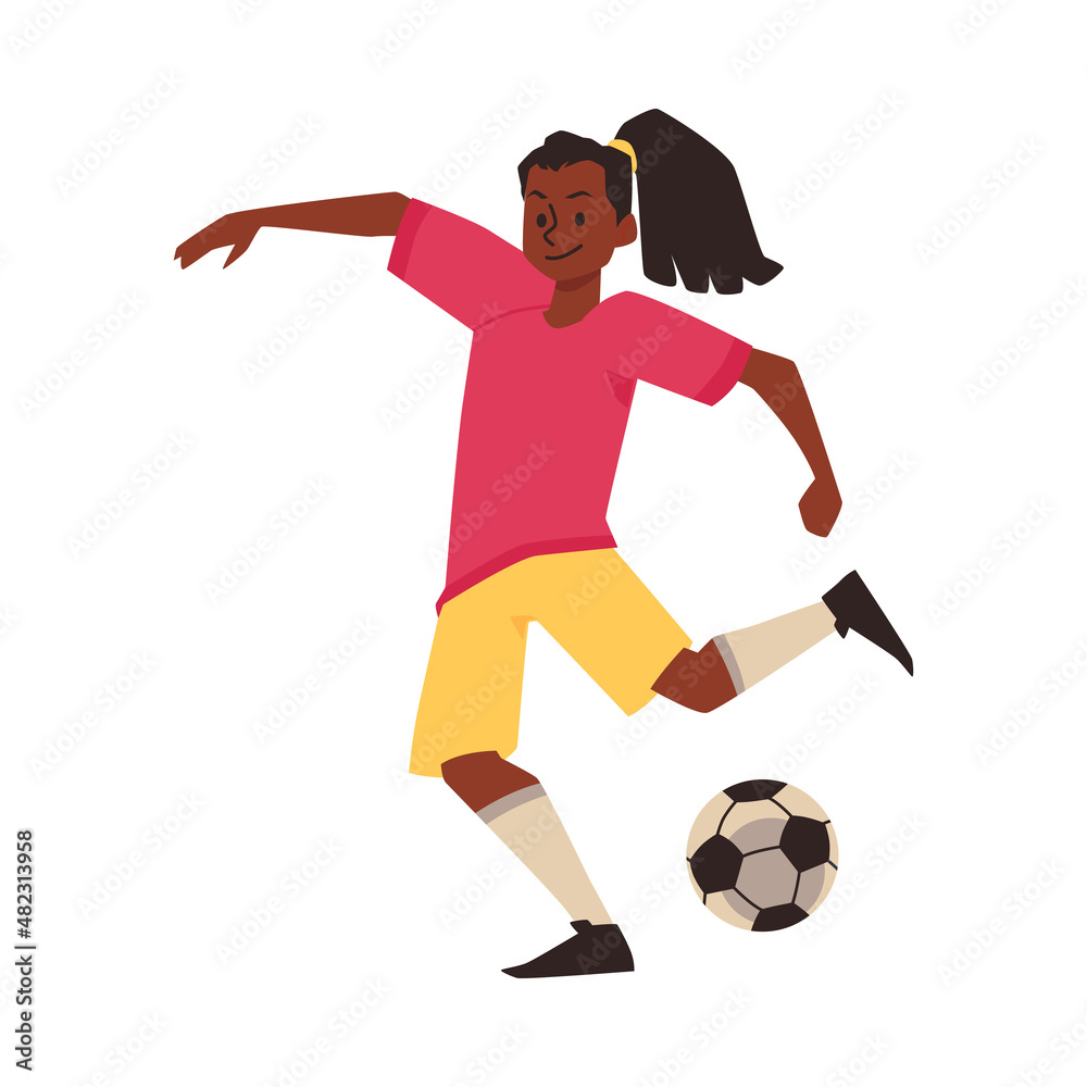 Soccer player pass ball, plays football in flat vector illustration isolated