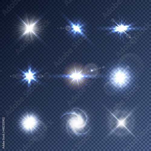 Lens flare with light sparkle effect set. Star beam or shine explosion isolated on transparent background