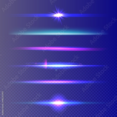Lens flare set. Twinkle ray traces and sparkle with neon light effect