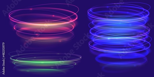 Spiral swirled lens flare effect set on transparent. Neon halo light optical effect, abstract glowing circles