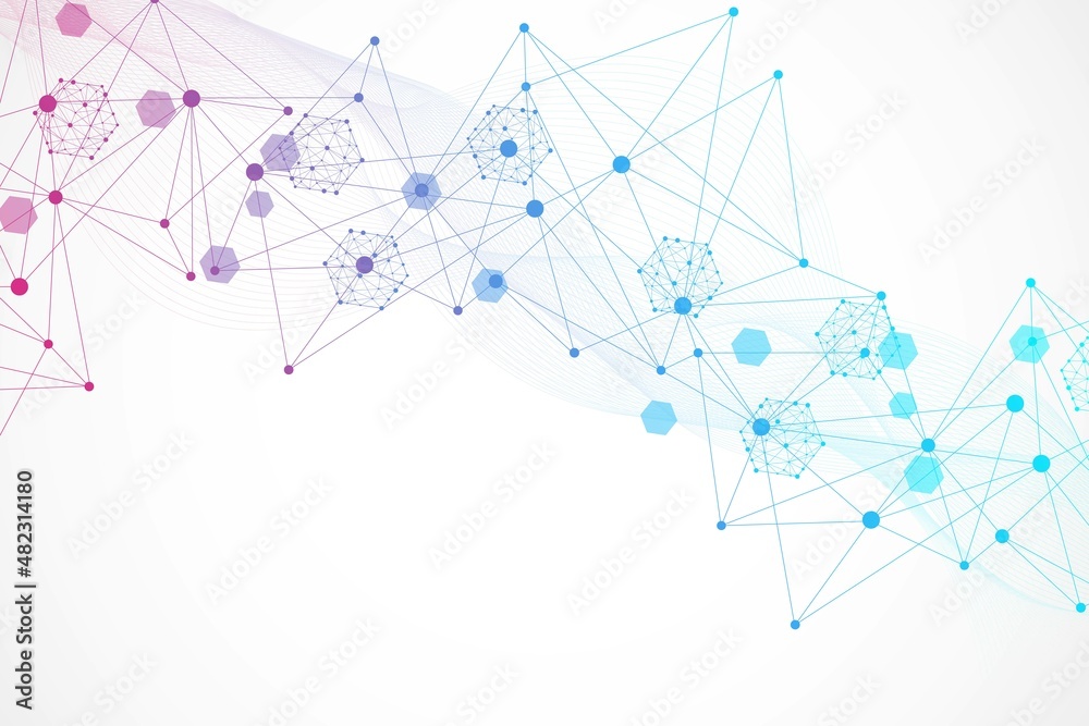 Science network pattern, connecting lines and dots. Technology hexagons structure or molecular connect elements.