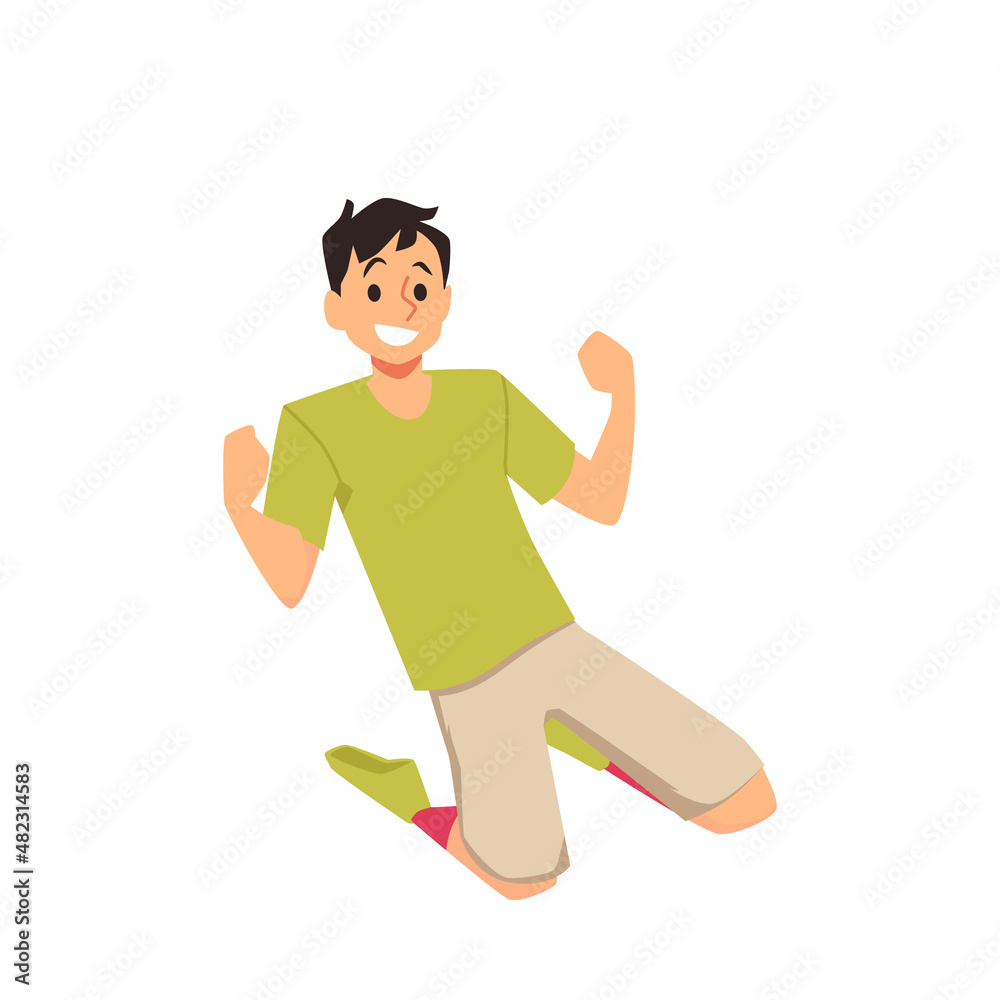 Happy soccer player sliding on his knees after great shot in flat vector