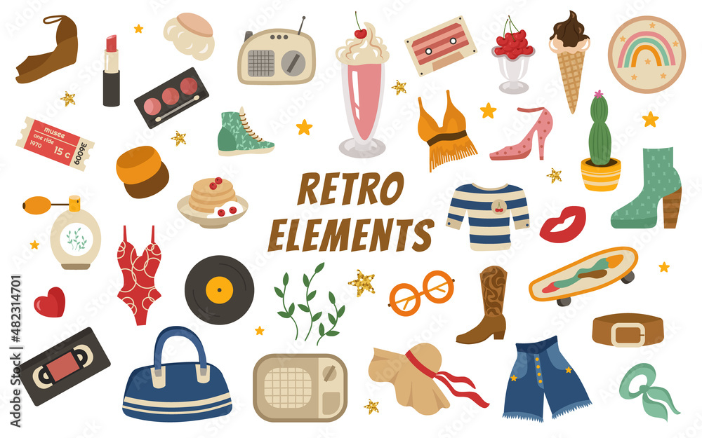 Retro set of elements of the 60-70s. Cocktail, T-shirt, sneakers, ticket, record, rainbow, hat, perfume, belt, neckerchief, bracelets, gold stars, cassettes. Vector vintage collection of themed items.