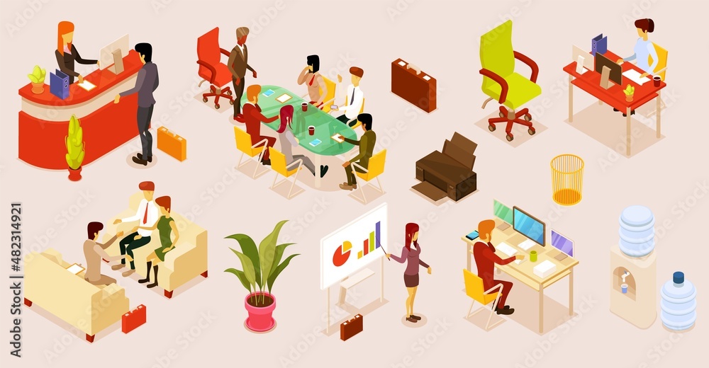 Isometric business office workflow set with employee, appliance supplies and furniture
