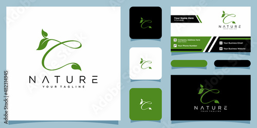 Initial letter C with leaf luxury logo. green leaf logo with business card design template