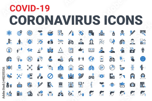 Coronavirus COVID 19 pandemic respiratory pneumonia disease related vector icons set. Included icons symptoms, transmission, prevention, treatment, virus, outbreak, contagious, infection 2019 nCoV