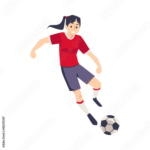 Girl player in sports uniform plays soccer, scores goal with ball in flat