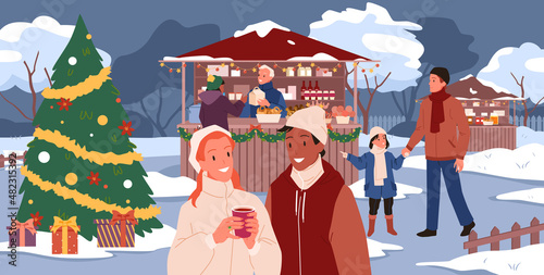 Christmas fair with people and Xmas tree vector illustration. Cartoon happy couple drinking hot drink on festival street market in winter, family with children buying gifts and candy background