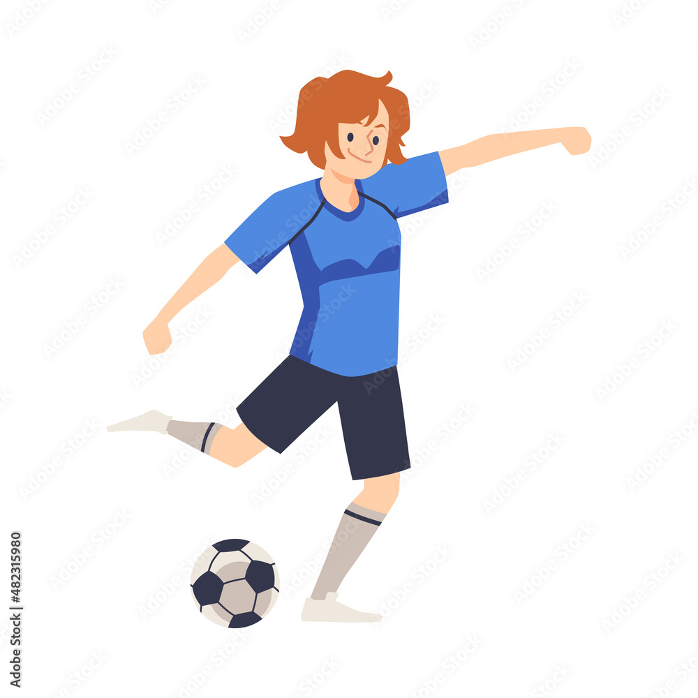 Woman soccer or football player scoring a goal, vector illustration isolated.
