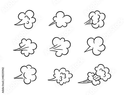Comic fart cloud. Bad stink balloon. Explosion, angry breath. Cloud of smoke gas in comic style. Funny flatulence symbol. Set of vector illustration isolated on white background.