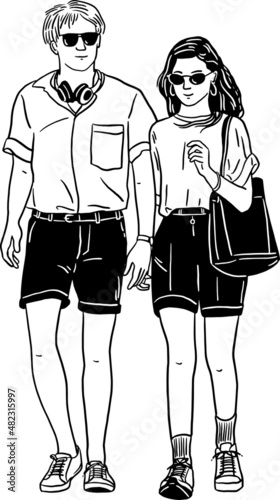 A Couple Man and Woman walking Lovers in Summer vacation Hand drawn Line art Illustration