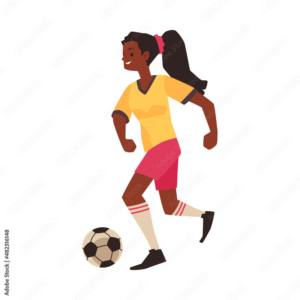Soccer or football player female character flat vector illustration isolated.