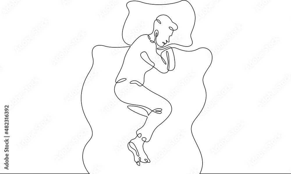 One continuous line.Man sleeps on a pillow under a blanket.Sleeping man sees dreams. Sleeping in bed.Continuous line drawing.Lineart isolated white background.