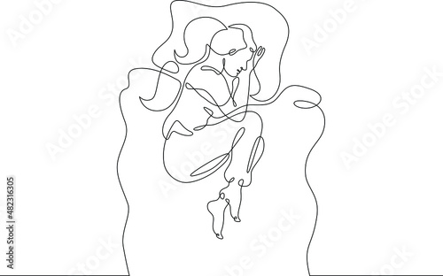 One continuous line.Woman sleeps on a pillow under a blanket.Sleeping man sees dreams. Sleeping in bed.Continuous line drawing.Lineart isolated white background.