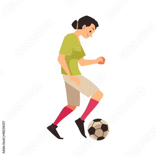 Woman soccer player side view, cartoon vector character. Female running and kicking ball when playing football.